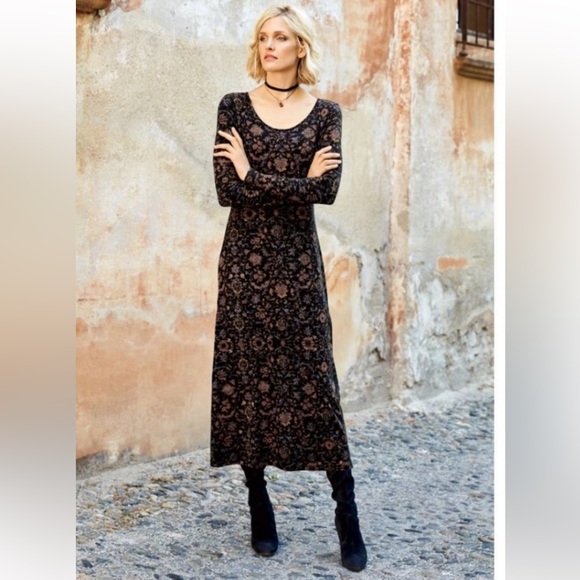 Peruvian Connection Dresses & Skirts - Peruvian Connection Cotton Spandex Maxi Dress Large Black Floral Long Sleeve